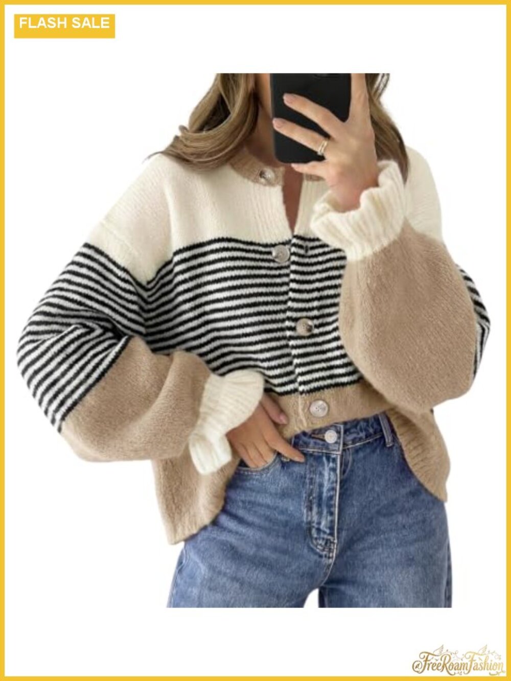 Striped Ruffle Sleeve Button Up Loose Cardigan Sweater Coat